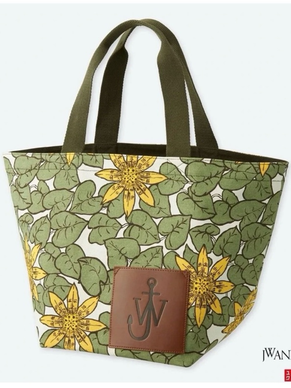 JW ANDERSON Olive Green and Yellow Floral Canvas Tote with Leather Logo Patch
